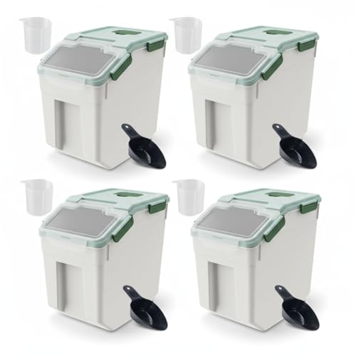 Large Flour Storage Container 25lbs, (4 Pack) BPA Free Rice Dispenser Bin with Locking Lid & Wheels, Measuring Cup, Scoop Kitchen Pantry Organizer for Flour, Rice, Grain, Cereal, Dog Food (Green) - color: 4Pack 25lbs Green