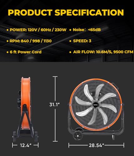 VENTISOL 24 Inch High Velocity Drum Fan, 9500 CFM Industrial Fans Heavy Duty, 3-Speed Shop Fan, Large Metal Floor Fan for Garage, Warehouse, Outdoor, Commercial, 8 Blades - style: 24" High Velocity Industrial Fan