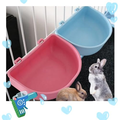 2 PcsRabbit Food Water Bowl, Guinea Pig Plastic Food Basin Dish, Chinchilla Hanging Portable Feeding Bowl (Pink and Blue)