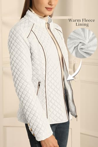 Bellivera Women's Stand Collar Lightweight Quilted Puffer Jacket | Casual Padded Zip Long Sleeve Coat for Spring and Winter with Pockets - color: White, size: Small