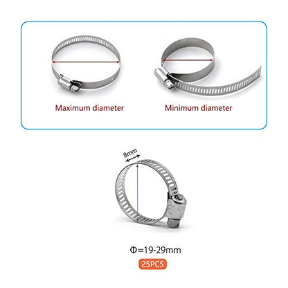 ZIPCCI Hose Clamp, 1 Inch Stainless Steel Worm Gear fuel line hose clamps, 19-29mm (25pack) - size: 19-29mm