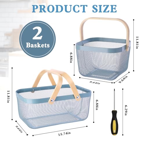 2 Pack Garden Harvest Basket, Metal Mesh Wire Picnic Basket with Handle, Rectangle Garden Baskets for Gathering Vegetables, Fruits, Kitchen, Home Cabinet Closet and Office(Blue) - color: Blue