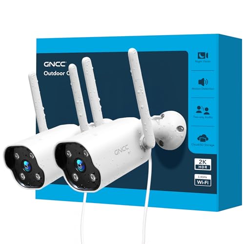 GNCC 2K Outdoor Security Camera, 24/7 Recording, Plug-in, AI, White-2P | Plug-In, 9.85ft Cord, No Battery, AI Detect, 2-Way, IP65, Alexa, SD Free, Cloud Opt, 2.4G WiFi Only, Easy Install - color: White-2P