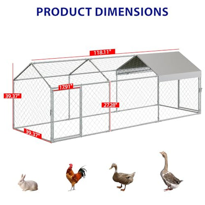 Garvee Large Metal Chicken Coop with Run, 120 in x 40 in x 40 in Chicken Run with Cover, Outdoor Walk in Poultry Cage, for Small Animals Duck Rabbit Hen Chicken Supplies - Silver