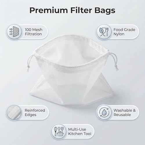 2 Pack 100 Mesh Food Grade Filter Bags - Reusable Fine Mesh Strainer Bag for Nut Milk, Soy Milk, Cold Brew Coffee, Greek Yogurt & Cheese Straining - Durable Nylon Food Strainer with Drawstring