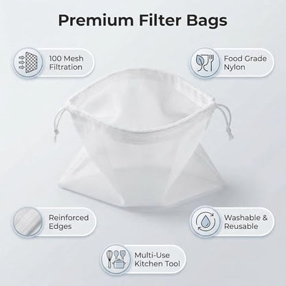 2 Pack 100 Mesh Food Grade Filter Bags - Reusable Fine Mesh Strainer Bag for Nut Milk, Soy Milk, Cold Brew Coffee, Greek Yogurt & Cheese Straining - Durable Nylon Food Strainer with Drawstring