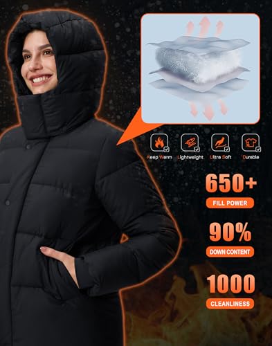Pioneer Camp Women's Thickened Long Down Jacket 650+ Fill Power Puffer Jacket Winter Coat Parka Jacket with Hood - color: Black, size: Large
