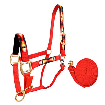 Tahoe Tack Patterned Nylon Adjustable Horse Halters with Padded Noseband and Matching 10’ Soft Grip Lead Rope with one Year Warranty - color: Red Aztec and Red