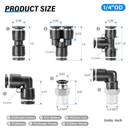 TAILONZ PNEUMATIC 1/4"OD x 1/4"NPT Push to Connect Fittings Pneumatic Fittings Kit 6 Spliters+6 Elbows+6 tee+6 Straight +6 Straight Thread Connector+6 Elbow Thread Connector (36 pcs) - size: 1/4"OD x 1/4"NPT