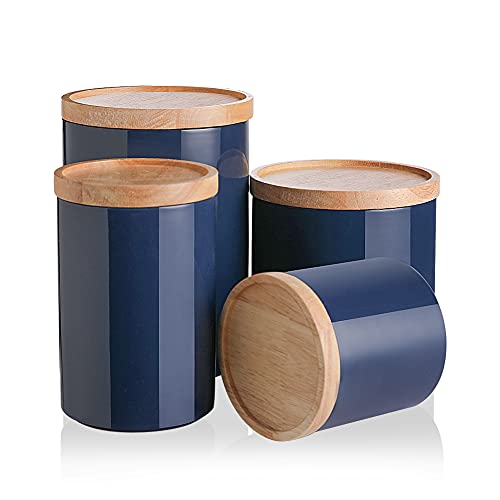 Sweejar Kitchen Canisters Ceramic Food Storage Jar Set, Stackable Containers with Airtight Seal Wooden Lid for Serving Ground Coffee, Tea, Herbs, Grains, Sugar, Salt - Set of 4 (Navy) - color: Navy, style: 16/28/39/58 Fl Oz (Set of 4)