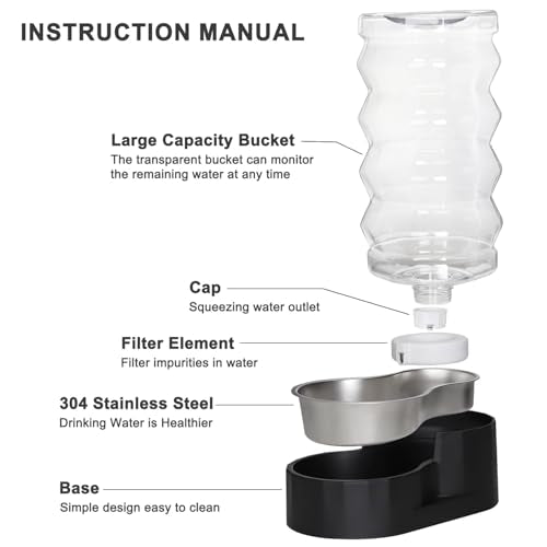 RIZZARI Black 9L Dog Water Dispenser with Stainless Steel Bowl - Advanced Filter for Urinary Health, Auto Gravity Flow, Spill-Resistant with Waterproof Mat, for Multi-Dog Homes & Garage/Balcony | Includes Filter, BPA-Free, Spill-Resistant, Waterproof Mat,