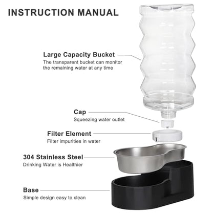 RIZZARI Black 9L Dog Water Dispenser with Stainless Steel Bowl - Advanced Filter for Urinary Health, Auto Gravity Flow, Spill-Resistant with Waterproof Mat, for Multi-Dog Homes & Garage/Balcony | Includes Filter, BPA-Free, Spill-Resistant, Waterproof Mat,