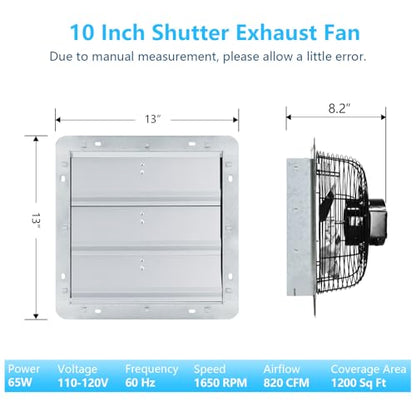 10 inch Shutter Exhaust Fan with Speed & Thermostat Control, 1200 SQ.Ft Coverage Area, 820 CFM, Upgrade Wall Mount Attic Vent Fan for Greenhouse, Garage, Chicken Coops Ventilation Fans - size: 10 inch