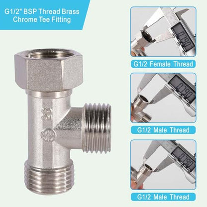 1/2" Chrome Brass Tee, Brass Chrome 3-Way Shower Diverter Valve, 1/2" Male x 1/2" Male x 1/2" Female Tee, 1/2" Tee for Shower Arm, Angle Valve, Bidet, and Sprayer Hose Applications - size: 1/2DG
