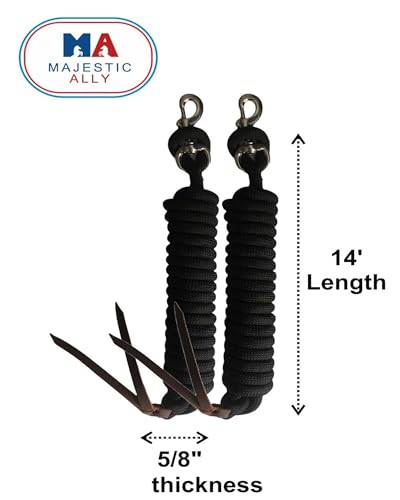 Majestic Ally 14' Pack of 2 Poly Training Lead Rope with Leather Popper for Horses & Livestock – 14 Foot Long and 5/8 inch Thick - Replaceable Heavy-Duty Bolt Snap (Black) - color: Black
