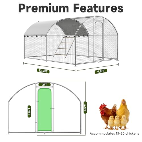 Large Metal Chicken Coop with Roosting Perch Chicken Run Hen Rabbit Duck House with Waterproof Cover for Outdoor Walk-in Poultry Cage Back Yard,Dome Roof(10’ W x 13.2’ L x 6.4’ H) - size: 158.4"L x 120.0"W x 76.8"H