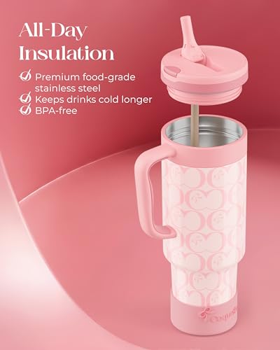 40 oz Insulated Tumbler with Handle and Push-Button Straw Lid, Stainless Steel Travel Cup for Gym Office, Leakproof, BPA-Free, Cup Holder Friendly, Bow Silicone Boot, Pink (C’ Blush) - color: C’ Blush