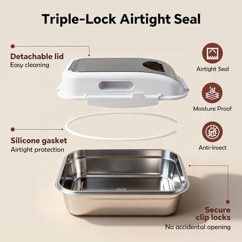 304 Stainless Steel Storage Container with Lid, Metal Storage Bin | Up To 14 Lbs, Mouse Proof, Ant-proof, Coming With Scoop, for Cat Bird Pet Dry Food Treats