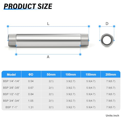 TAILONZ PNEUMATIC 3/8" BSP Male x 3/8" BSP Male 304 Stainless Steel Pipe Nipple, 8" Length Cast Pipe Fitting, Threaded Connector（Pack of 3） - color: 8"(200MM), size: 3/8"BSP