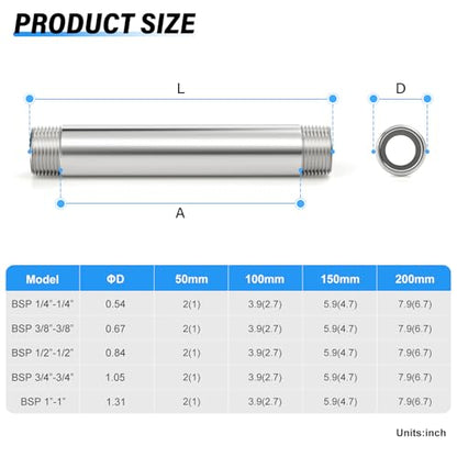 TAILONZ PNEUMATIC 3/8" BSP Male x 3/8" BSP Male 304 Stainless Steel Pipe Nipple, 8" Length Cast Pipe Fitting, Threaded Connector（Pack of 3） - color: 8"(200MM), size: 3/8"BSP
