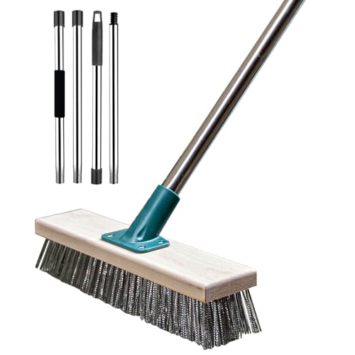 Stainless Steel Wire Brush with Long Handle Deck Broom Brush Floor Scrubber Brush for Cleaning Outdoor Broom for Moss, Tough Stains on Concrete, Grout, Garden, Garage, Patio, Swimming Pool