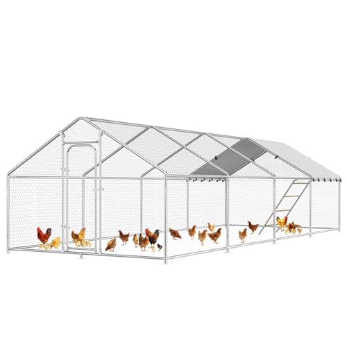 Large Metal Chicken Coop with Roosting Perch, Waterproof and UV Protection Cover, Chicken Run Outdoor Walk-in Cage Chicken Rabbit Duck Hen House for Yard Farm Use Spire Roof (10’ W x 26.2’ L x 6.4’ H) - size: 315.0"L x 118.0"W x 78.0"H