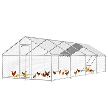 Large Metal Chicken Coop with Roosting Perch, Waterproof and UV Protection Cover, Chicken Run Outdoor Walk-in Cage Chicken Rabbit Duck Hen House for Yard Farm Use Spire Roof (10’ W x 26.2’ L x 6.4’ H) - size: 315.0"L x 118.0"W x 78.0"H