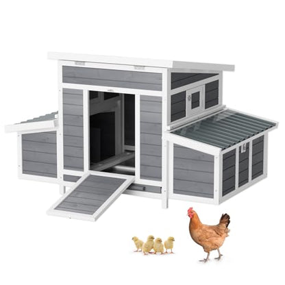 Chicken Coop, Large Wooden Chicken House with Waterproof Roof & Pull-Out Tray, Outdoor Chicken Hutch with 6 Nesting Boxes, Duck Coop Hen House for 4-6 Chicken, Grey - color: Grey