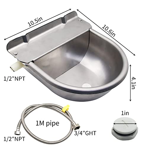 Automatic Livestock Waterer Bowl Kit 3/4" GHT Hose & 2 Drain Plugs | 304 Stainless Steel | Float Valve Auto Refill Water Dispenser |for Large Dogs,Horse,Chicken, Goat, Pig | 2.5L Capacity