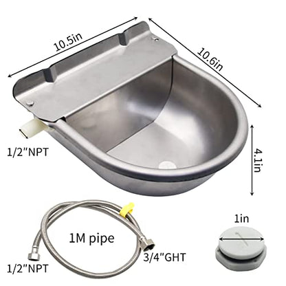 Automatic Livestock Waterer Bowl Kit 3/4" GHT Hose & 2 Drain Plugs | 304 Stainless Steel | Float Valve Auto Refill Water Dispenser |for Large Dogs,Horse,Chicken, Goat, Pig | 2.5L Capacity