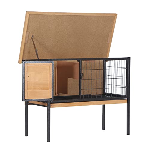 PawHut Rabbit Hutch Elevated Bunny Cage Small Animal Habitat with Metal Frame, No Leak Tray, Metal Wire Pan, Openable Water-Resistant Asphalt Roof for Rabbits, Chickens, Ducks, Indoor/Outdoor Natural - color: Natural Wood