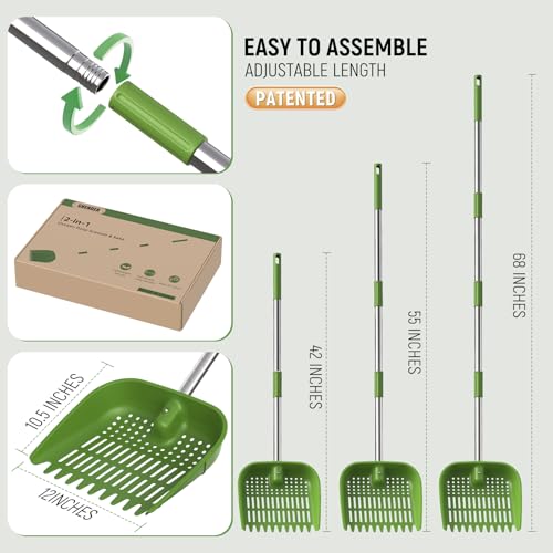 Chicken Poop Scooper, 2-in-1 Coop Scoop & Chicken Coop Rake, Sand Sifting Shovel with Adjustable Stainless Steel Handle, Up to 68 in, No-Bend Cleaning Tool - Patent-Pending