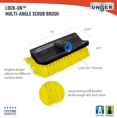 Unger Professional Hydropower Lock-On 10” Bi-Level Scrub Brush, Cleaning Supplies, Scrubber Tool, Compatible with Waterflow Poles, Use in Garage, Driveway, Deck, Concrete, Cement, & Brick(Pack of 12) - size: 10 inches (Pack of 12), style: Multi-Angle Scru