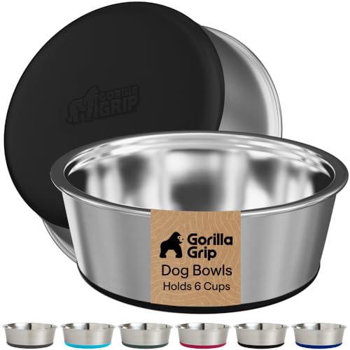 GORILLA GRIP Dog Bowls, Food Grade 304 Stainless Steel, Holds 6 Cups Each (48 fl oz) Food and Water Bowl for Feeding Dogs and Cats, Dishwasher Safe, Rust Resistant, BPA Free Rubber Base Set of 2 Black - color: Black, size: 6 Cup (48 Oz)