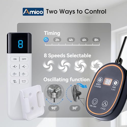 Amico 24 Inch Industrial Wall Mount Fan with Remote Control, DC Motor, 8 Speeds, 8690 CFM High Velocity, Oscillating Shop Fan with Timer for Gym, Patio,Garage, Outdoor - size: 24 Inch