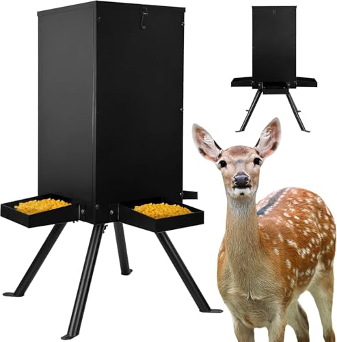 PROLEE 85lbs Deer Feeder, Weatherproof Deer Feeders with 4 Feeding Tray and 4-Leg Stand, Heavy Duty Metal Gravity Feeder for Deers and Wildlife (Black) - color: Black