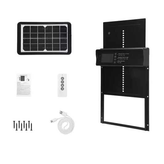 BeyondFeed™ Solar Automatic Chicken Coop Door with LCD Screen – 4 Control Modes (Light Sensor/Timer/Remote/Button), AI Anti-Pinch, Waterproof, Easy Install