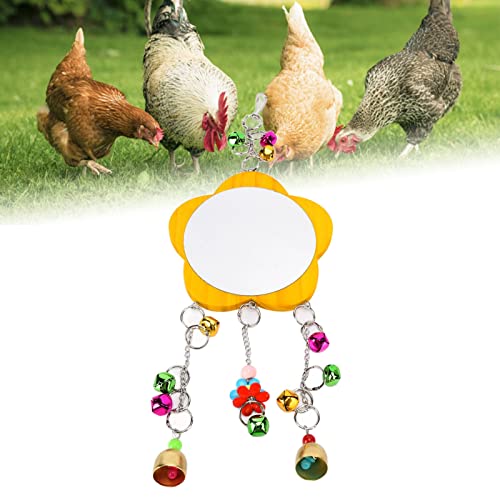Chicken Mirror Toy, Hanging Wood Poultry Mirror with Colorful Bells, Interactive Pet Chicken and Bird Enrichment Toy