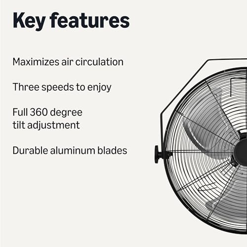 Amazon Basics 18" Indoor Wall-Mounted Industrial Fan with Three Speeds, High CFM, Heavy-Duty Metal Blades, Tilt Head, for Commercial Use, Warehouse, Basement, Black - style: Wall Mounted Fan