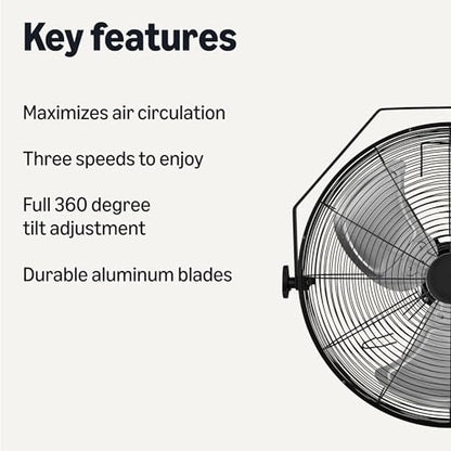 Amazon Basics 18" Indoor Wall-Mounted Industrial Fan with Three Speeds, High CFM, Heavy-Duty Metal Blades, Tilt Head, for Commercial Use, Warehouse, Basement, Black - style: Wall Mounted Fan
