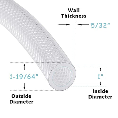DAVCO 1" ID - 25 ft Heavy Duty Braided Clear Plastic Vinyl Tubing with 2 Stainless Clamps, Flexible High Pressure Reinforced PVC Plastic Tube Hose, Non-toxic, BPA Free - size: 1"ID, style: 25 Feet