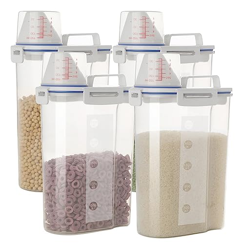 5.5 Lbs Rice Airtight Dry Food Storage Container Set of 4, Rice Storage Bin Cereal Containers Dispenser, Thicken Plastic Clear Food Storage Box with Pouring Spout, Measring Cup for Grain, Flour Snacks - color: 4 Pack