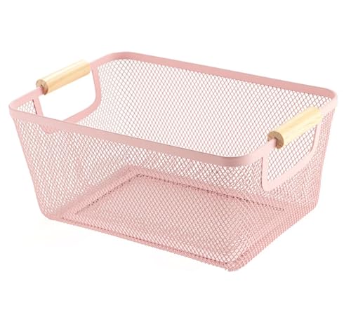 AJIODA Metal Mesh Steel Basket, Medium Wire Storage Organizer Basket Multi-function Hanging Kitchen Basket with Wood Handle for Kitchen Bathroom Picnic Home, Rectangle-Pink - color: Pink, size: 1Pack-Medium