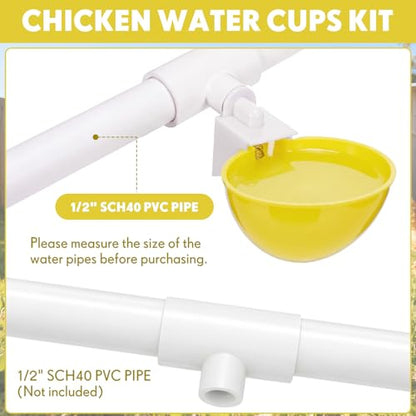 LemonRoad 30 Set Automatic Chicken Waterer Cups with 1/2" PVC Tee Fitting Chicken Drinking Bowl, Poultry Drinker Mounting Hole Opener,Water Dispenser Feeder for Duck, Goose, Turkey, Pigeon(Yellow) - color: Yellow