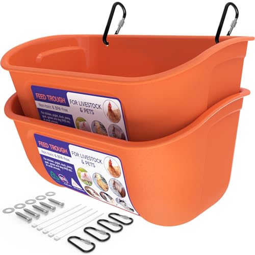 Goovilla Chicken Feeder Waterer, Hanging or Screw-in Fence Feeder with Clips, 2 Pack 5 Quart Goat Feeder Supplies, Duck Piglet Sheeple Coop Dog Livestock Poultry Plastic Feeder Trough Bucket, Orange - color: Orange, size: 5 Quart
