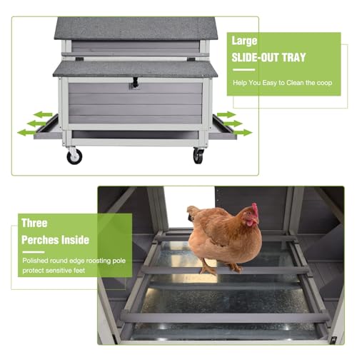 GUTINNEEN Large Chicken Coop for 4-6 Chickens, Movable Thickened Wooden Hen House on Wheels with Easy Clean Removable Tray & 2 Nesting Boxes, Extra Large Outdoor Duck Cage & Rabbit Hutch - color: Grey 14.61ft²