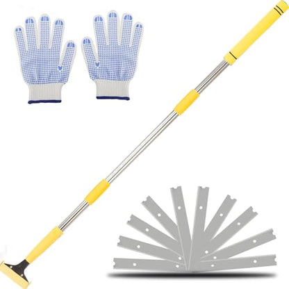 Floor Scraper Long Handle Heavy Duty, 31-61“ Long Handle Blade Scraper Tool with 10PCS Extra Blades 4 Inch stainless steel efficiently and quickly kitchen stickers windows cleaning. (50inch) - size: 50inch