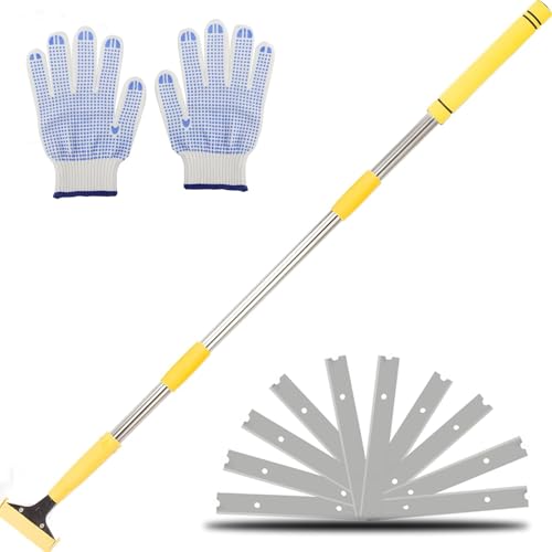 Floor Scraper Long Handle Heavy Duty, 31-61“ Long Handle Blade Scraper Tool with 10PCS Extra Blades 4 Inch stainless steel efficiently and quickly kitchen stickers windows cleaning. (50inch) - size: 50inch