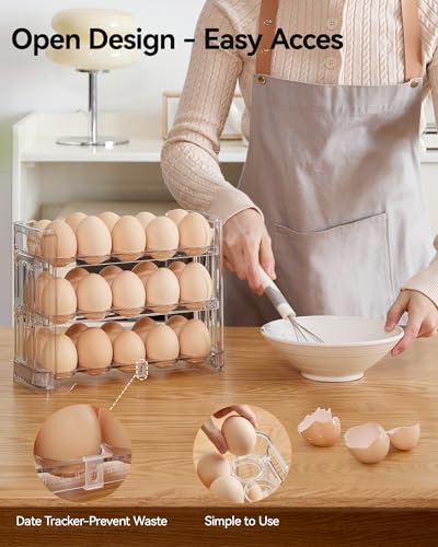 3-Tier Egg Holder, Holds 30 Eggs with Lift-Up Layers & Date Tracker, Multi-Use egg Organizer with Handle for Countertop, Pantry, Refrigerator, Clear
