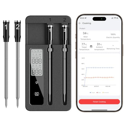Smart Wireless Meat Thermometer with Dual Probes, Bluetooth & WiFi Combo, Remote Monitoring & Smart Alerts for BBQ, Grill, Smoker, Oven, Air Fryer
